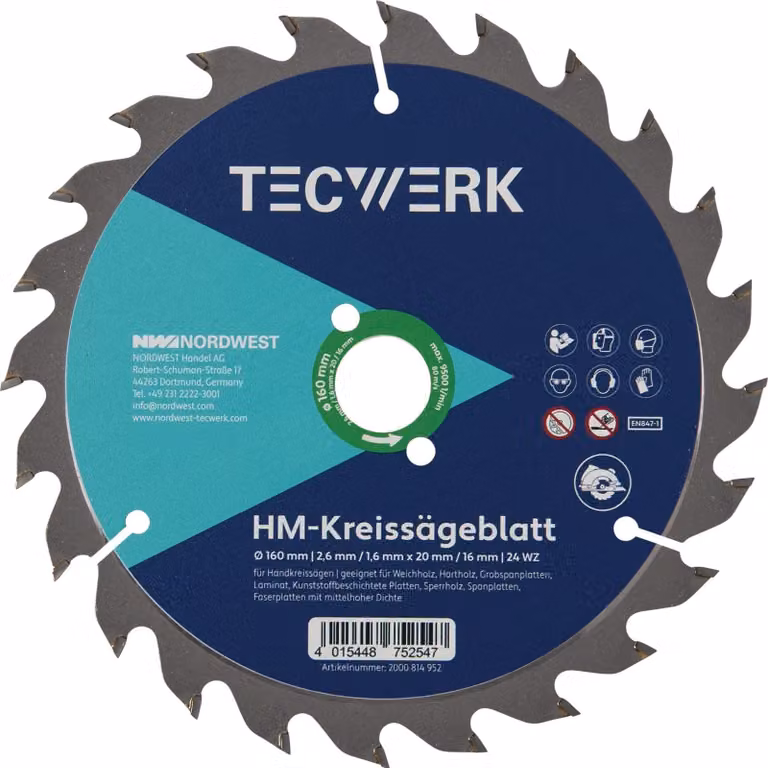 Disco de sierra circular para mano TECWERK de 190 mm para madera y plástico, Z.48, multicolor