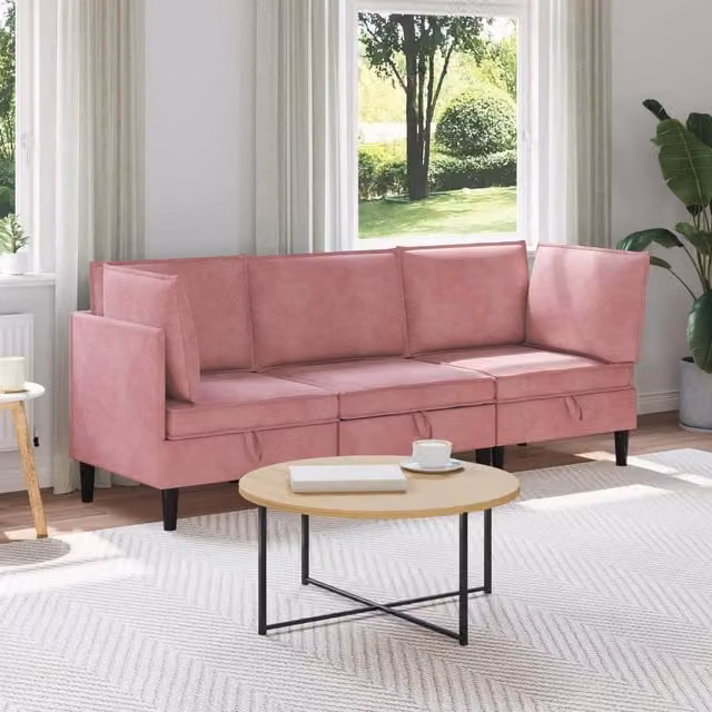 Juego de muebles de salón de 3 piezas vidaXL en terciopelo rosa con diseño moderno en forma de L y cojines incluidos