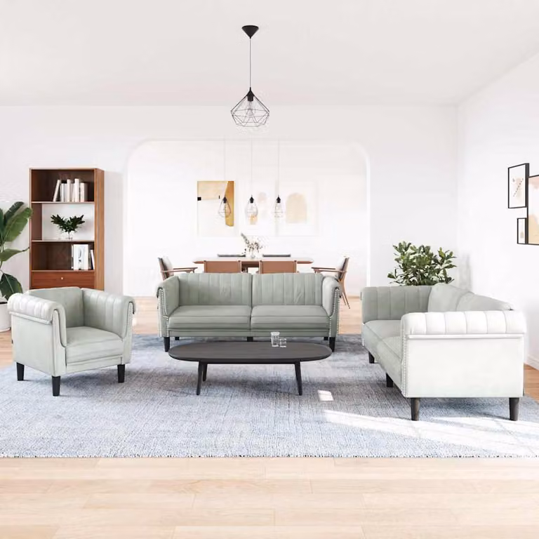 Juego de sofás de 3 piezas vidaXL tapizados en terciopelo gris con cojines para salón de estilo moderno