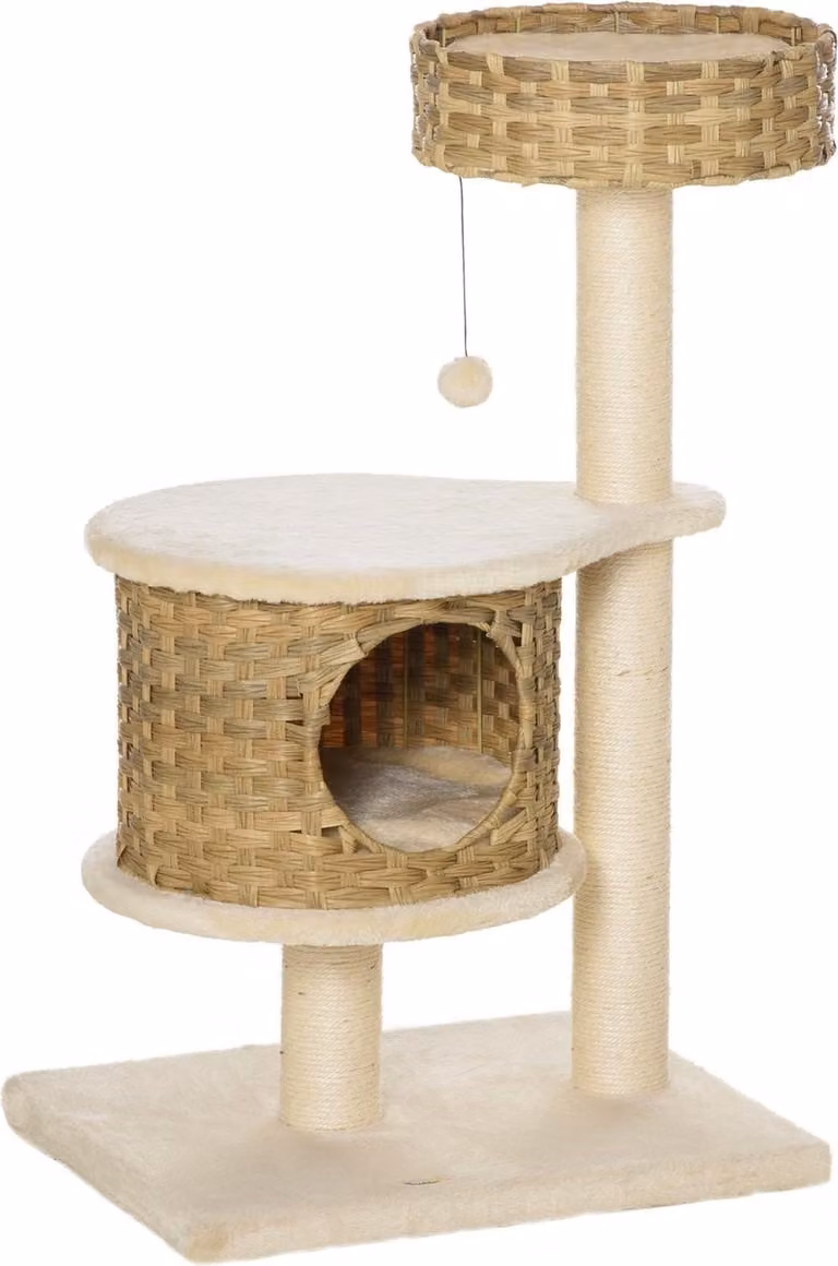 Árbol para gatos Northio de ratán con cueva, juguetes integrados y postes de sisal, color beige y arena, Altura: 95 cm