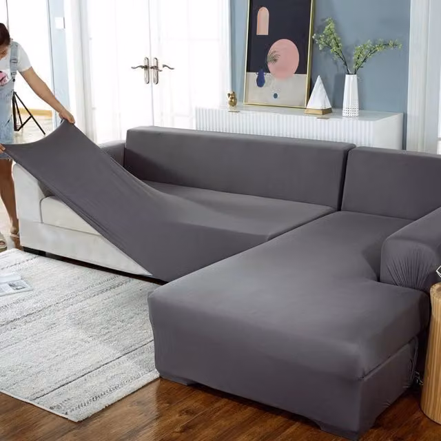 Fundas Elásticas Grises para Sofá Esquinero con Chaise Longue de la Marca Elle, Resistentes a Manchas y Pelos de Mascotas, Ancho: 190-230 cm