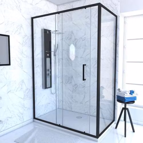 Mampara de ducha corredera y panel lateral Aurlane rectangular de cristal transparente de 6 mm, color negro, An/P/Al: 140 x 90 x 200 cm
