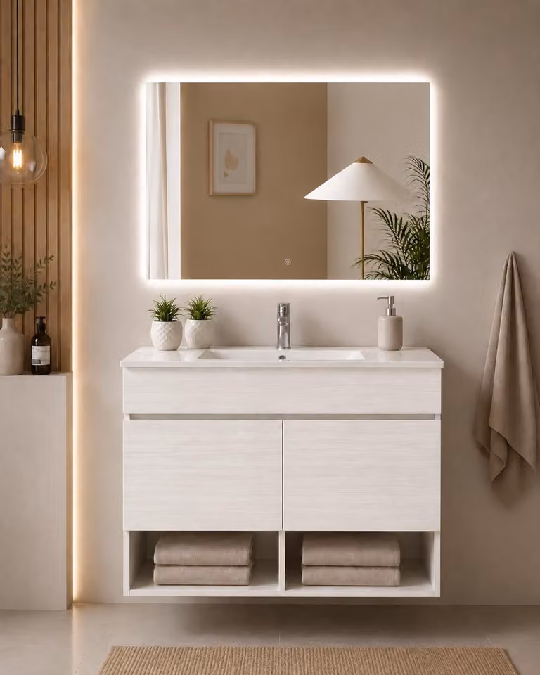 Mueble de baño suspendido ORIGEN BATH NEBARI con lavabo, color blanco nórdico, An/P/Al: 90 x 45 x 64 cm