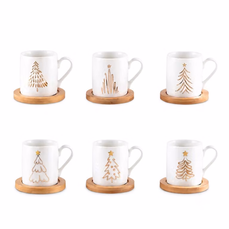 Set de 6 tazas de café de cerámica blanca con platos de madera Aulica