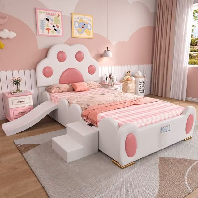 Cama infantil Redom con estructura de casa, tobogán y escalera de 2 peldaños, tapizada en piel sintética rosa y blanco, An/P/Al: 90 x 200 x 150 cm (sin colchón)
