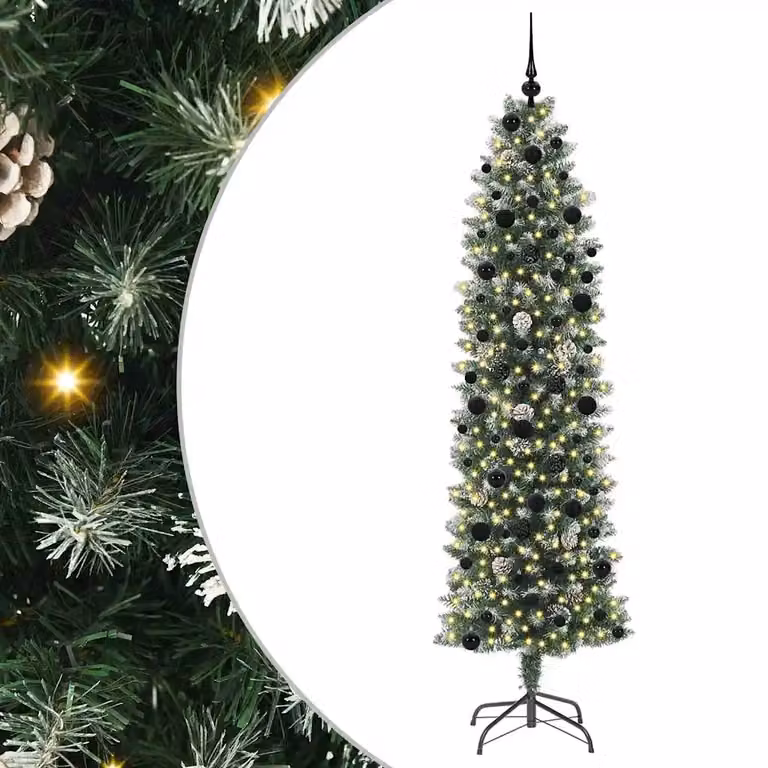 Árbol de Navidad artificial delgado vidaXL de color verde y blanco con luces LED de luz blanca cálida y altura de 240 cm