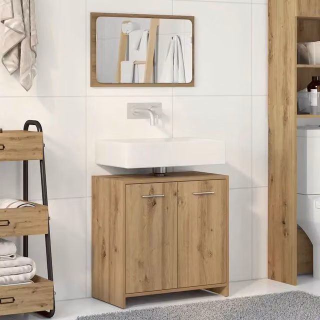 Mueble de baño con espejo Maison Exclusive en madera de roble color marrón con acabado mate y diseño minimalista de pared