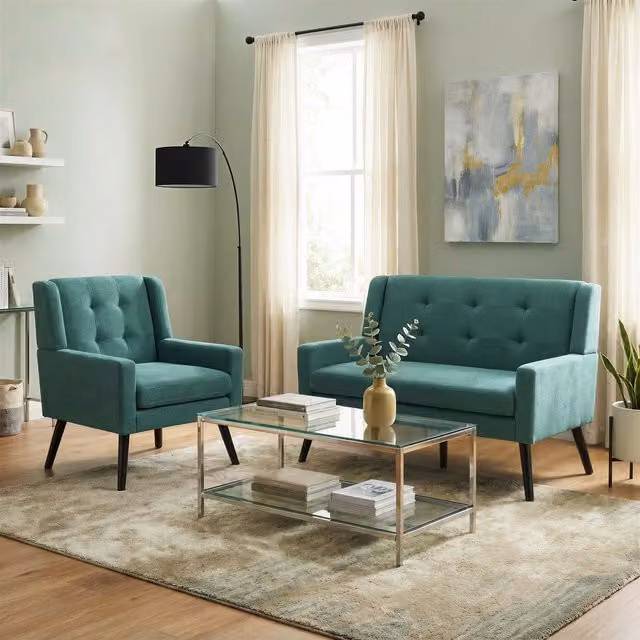 Conjunto de 2 piezas HAUSS SPOLE con sofá de 2 plazas y sillón en tela verde de estilo mid century con relleno de espuma y patas de madera