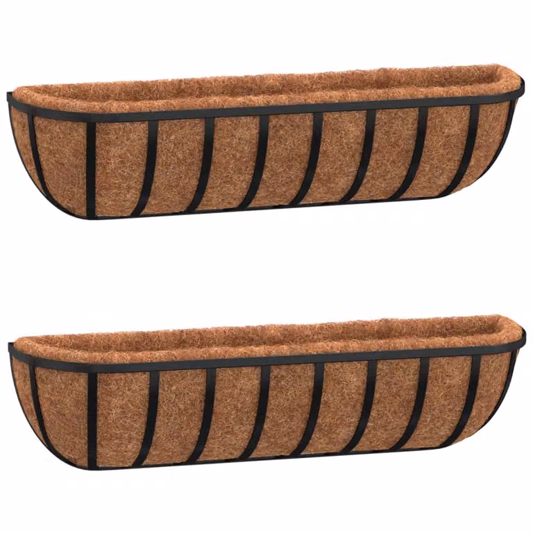 Set de 2 macetas de pared vidaXL con revestimiento de coco y acero en color negro y marrón, An/P/Al: 76 x 21 x 16 cm