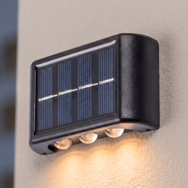 Lámpara solar LED Kangton color negro con luz blanca cálida de 3000K, diseño moderno rectangular para pared y exteriores, protección IP44, An/P/Al: 12,5 x 9 x 5,5 cm