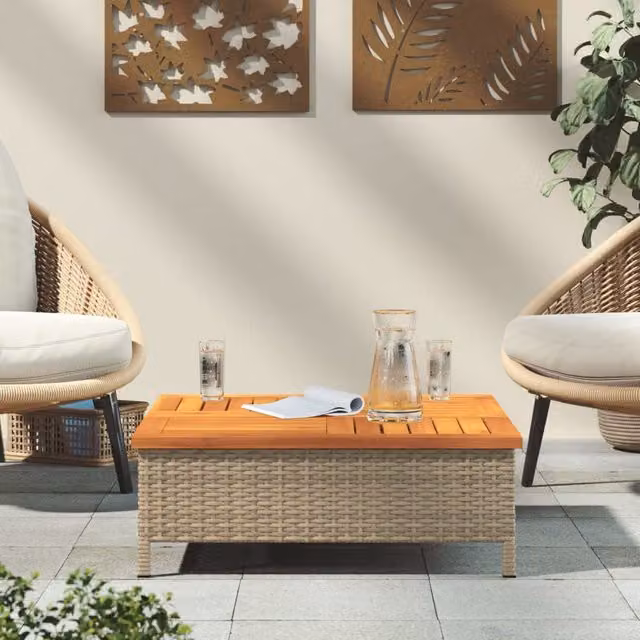 Mesa de jardín cuadrada SYFAX de ratán y madera de acacia en color beige y marrón An/P/Al: 70 x 70 x 25 cm