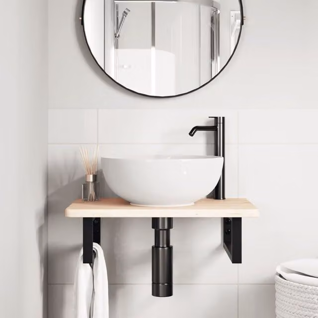 Estante de lavabo de pared SYFAX de madera de roble y acero en negro y marrón