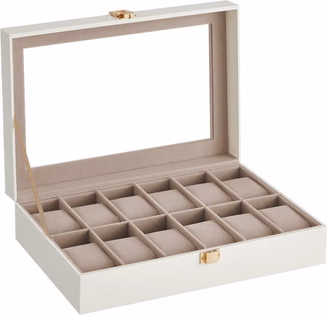 Caja de relojes SONGMICS con 12 compartimentos, tapa de cristal y cuero sintético en color blanco o beige, An/P/Al: 30,2 x 20,2 x 7,8 cm
