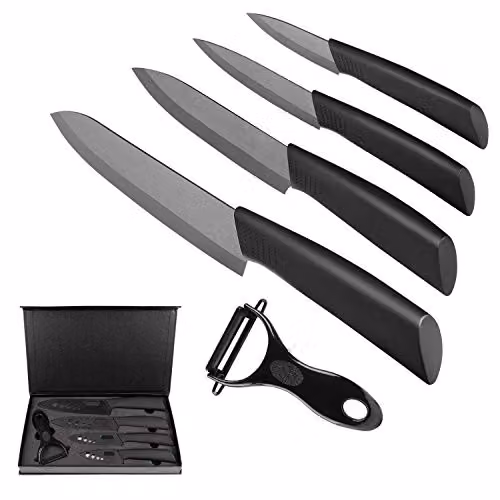 Set de cuchillos de cerámica Ballery de 5 piezas en color negro con funda protectora, incluye cuchillo de chef, cuchillo multiuso, cuchillo de fruta, cuchillo de pelar y pelador