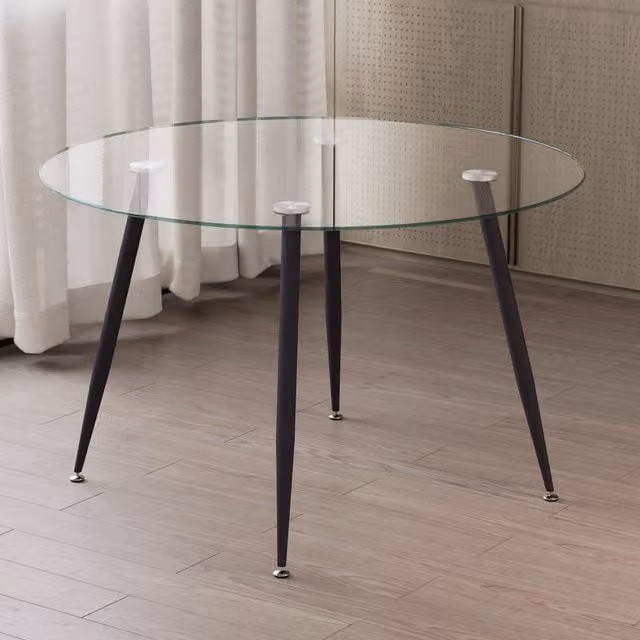 Mesa de comedor redonda Corin de MOG CASA con tablero de cristal transparente y patas de metal negro, ideal para cocina o salón, Diámetro: 120 cm, Altura: 75 cm