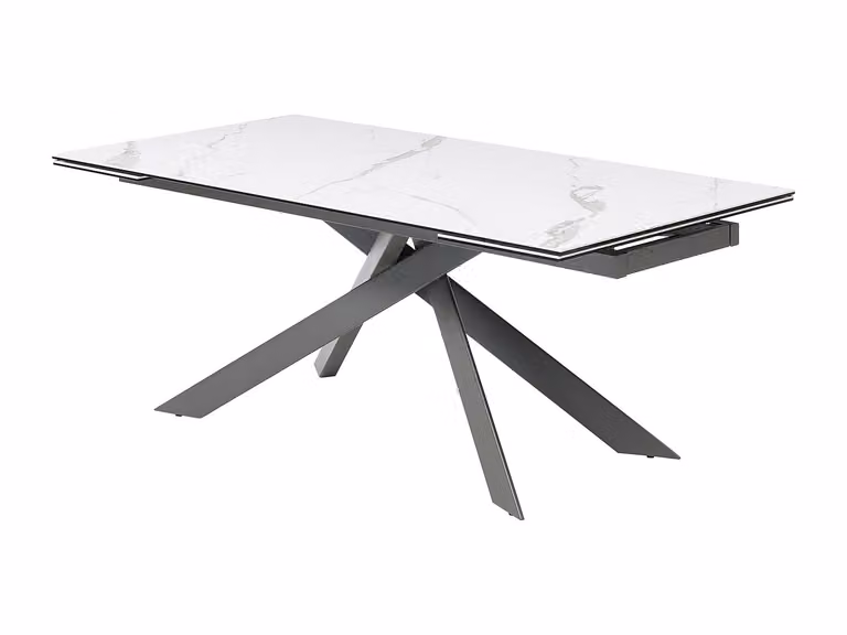 Mesa de comedor extensible Corema de Maison Céphy con acabado de cerámica efecto mármol en blanco y antracita, estructura de metal y vidrio templado para 8 a 12 personas