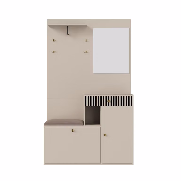 Conjunto de recibidor Urban Meuble moderno en color blanco con espejo, banco, estantería de pared y zapatero con 2 puertas y 1 cajón