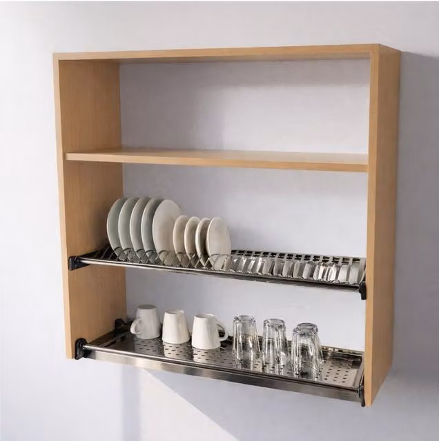 Mueble alto escurridor de cocina Calandrelli en color haya con puertas con estante abierto, Al 90 cm, An 90 cm, P 33 cm