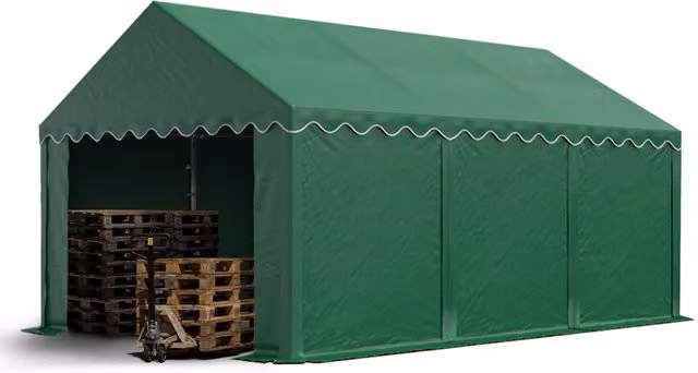 Carpa de almacén Toolport de techo a dos aguas en color verde, fabricada en PVC y acero galvanizado
