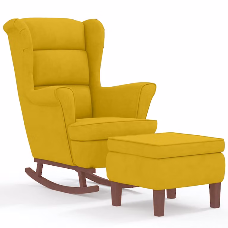 Mecedora de respaldo alto con otomana vidaXL en terciopelo amarillo y estructura de madera maciza de caucho