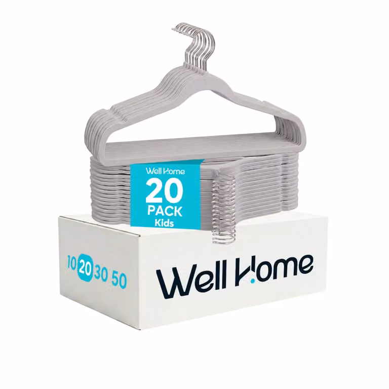 Set de 20 perchas infantiles de terciopelo antideslizantes WELLHOME en color gris con ganchos giratorios