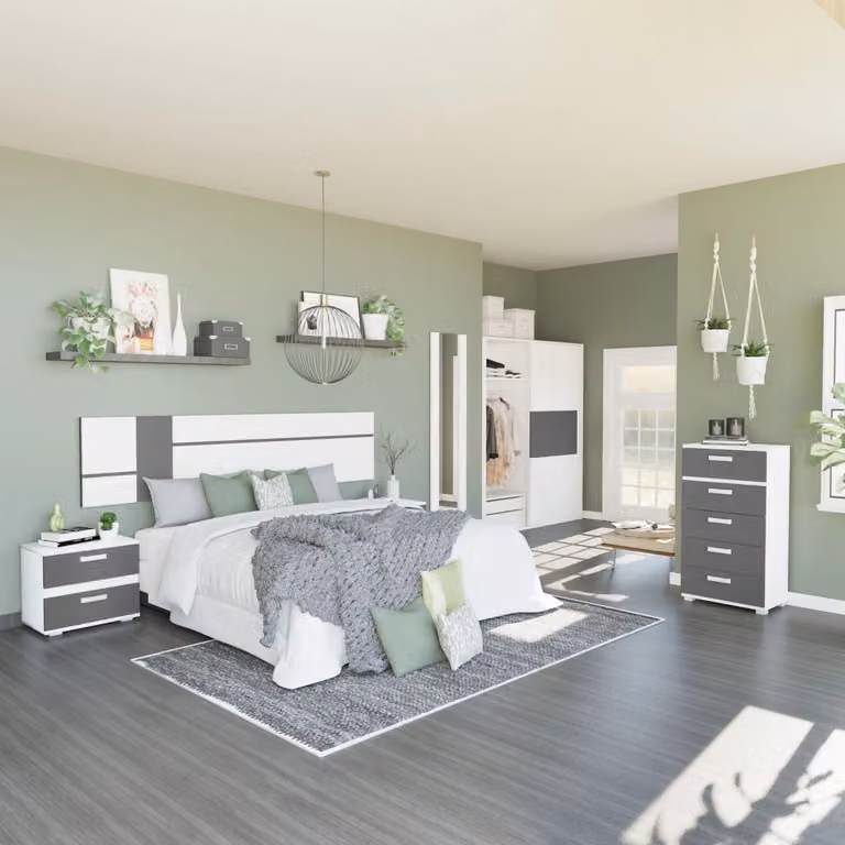 Conjunto de dormitorio de 5 piezas Ataneq Air 5C Plus de Duehome en blanco y gris con estilo escandinavo