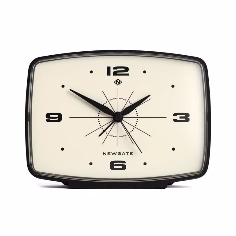 Reloj despertador analógico retro Newgate redondo de metal negro para mesa con mecanismo de cuarzo silencioso