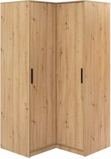 Armario de rincón Lombala en acabado roble con puertas de bisagra y 4 estantes internos, color marrón y beige, An/P/Al: 200 x 107 x 109 cm