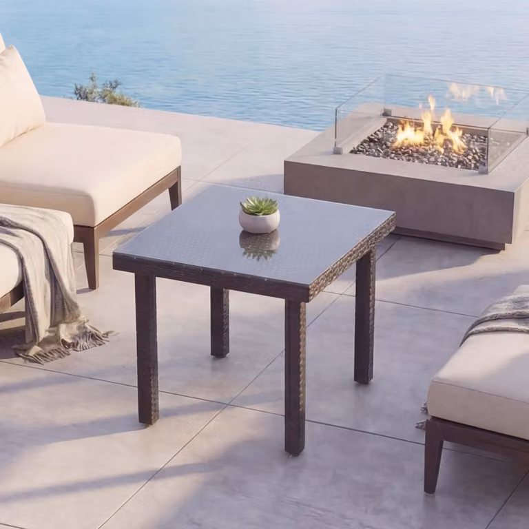Mesa de jardín y comedor Mendler de polirratán con superficie de vidrio, color negro, An/P/Al: 80 x 80 x 74,5 cm