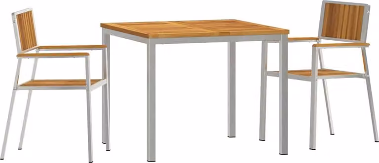 Juego de comedor para exteriores Syfax de 3 piezas con mesa de acacia y estructura de acero inoxidable en color marrón y plata