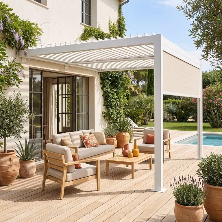 Pérgola bioclimática adosada Sweeek de aluminio y acero con toldo, color blanco, 3x3 m