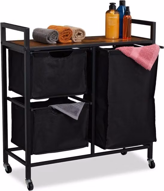 Estante con cesto de ropa extraíble con ruedas de metal color negro de NORTHIO