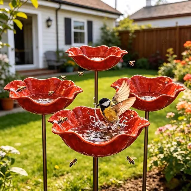 Pack de 4 baños de metal para pájaros e insectos con diseño floral y estaca de jardín, color rojo, marca LIIYIELA