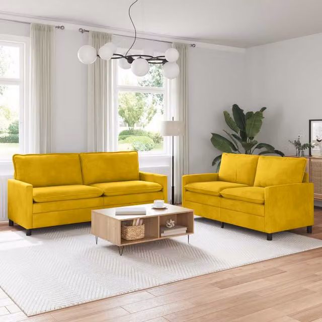 vidaXL Juego de Sofá de 2 Piezas de Terciopelo Amarillo con Estructura de Metal y Diseño Moderno para Salón