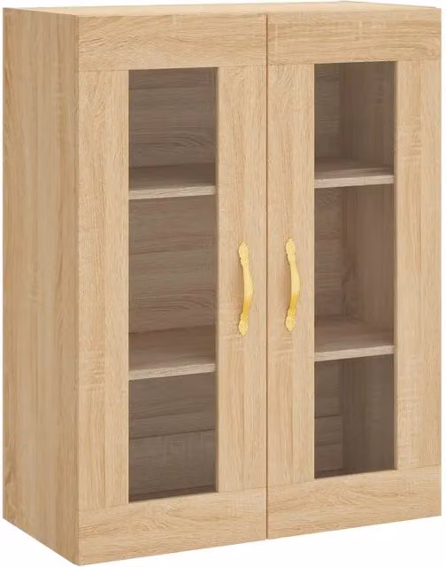 Armario de pared Helloshop26 de diseño moderno con puertas de cristal y estantes internos en madera de roble color beige, An/P/Al: 69,5 x 34 x 90 cm