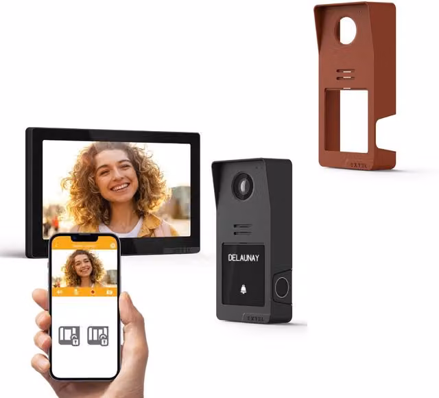 Videoportero cableado Extel con huella digital y aplicación móvil en color terracota y aluminio