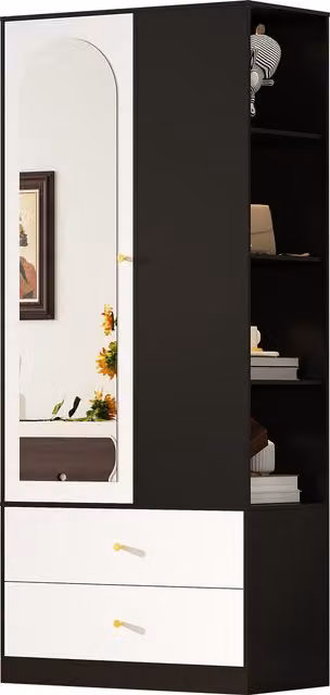 Armario Moderno RETROK con Espejo, 1 Puerta, 2 Cajones y 4 Estantes en Blanco y Negro, An/P/Al: 80 x 40 x 180 cm