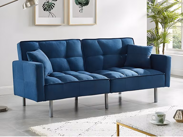 Sofá cama de 3 plazas Miney de Vente-Unique en tela azul con sistema click-clack y estructura de madera sólida, An/P/Al: 198 x 83 x 89 cm