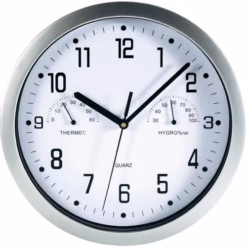 Reloj de pared analógico Mebus con termómetro e higrómetro, color plateado y blanco, diámetro: 25,5 cm