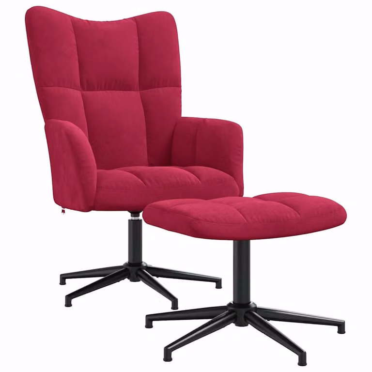 Sillón de relax con taburete vidaXL en terciopelo rojo con estructura de metal y giro de 360 grados