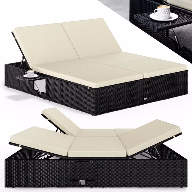 Tumbona CASARIA de ratán y metal en negro y beige con reposacabezas ajustable y bandeja lateral, An/P/Al: 220 x 160 x 33 cm