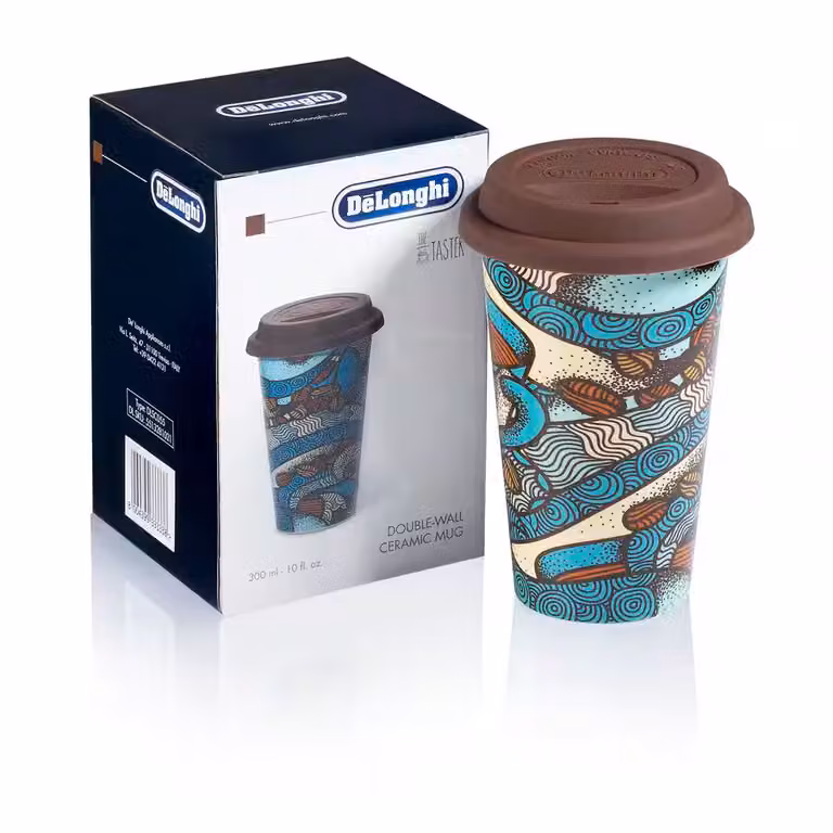 Taza de cerámica de doble pared De'Longhi con tapa de silicona, multicolor, 300 ml