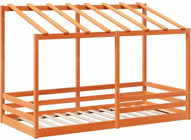 Cama infantil con estructura de casa SYFAX en madera maciza de pino color marrón de 90x200 cm
