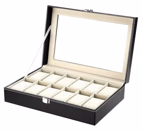 Caja organizadora de relojes COSHANO con 12 compartimentos, tapa de cristal y piel sintética color marrón, An/P/Al: 30 x 20 x 8 cm
