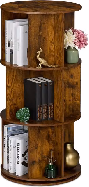 Estantería giratoria Relaxdays de estilo industrial con 3 niveles y 15 compartimentos para libros y DVDs, madera y metal, marrón, Al: 104 cm, An: 50 cm