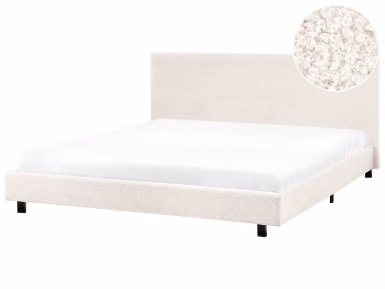 Cama matrimonial Beliani tapizada en tejido boucle blanco de estilo minimalista An/P: 180 x 200 cm
