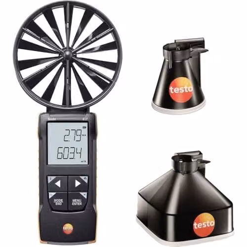Testo Kit 417 con embudos de medición y conectividad de aplicación para medir velocidad del aire y caudal volumétrico en color negro