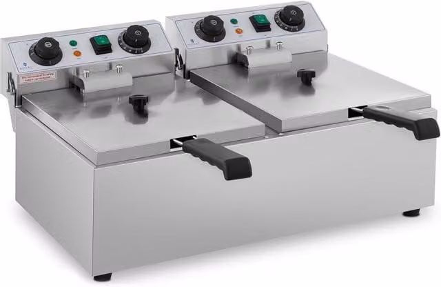 Freidora eléctrica profesional HELLOSHOP26 de doble zona con temporizador, 2 x 10 litros, en acero inoxidable y plástico color plata