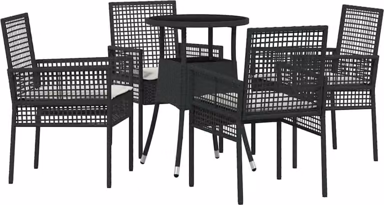 Conjunto de comedor de jardín Syfax de 5 piezas en ratán sintético negro con mesa de cristal redonda y cojines resistentes a la intemperie