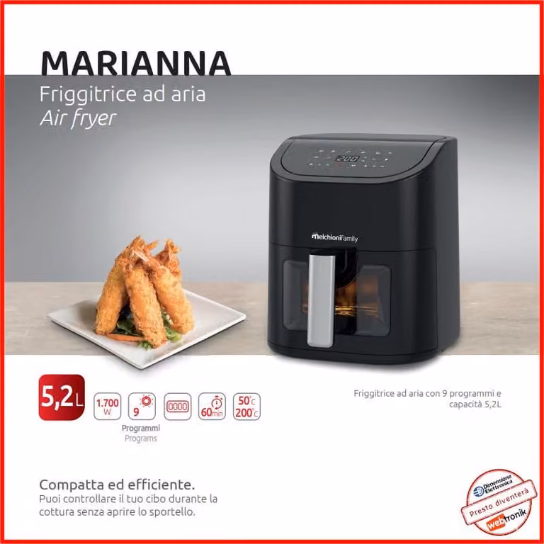 Freidora de aire Melchioni de 5 litros en color negro con tecnología de aire caliente y capacidad de hasta 200 °C
